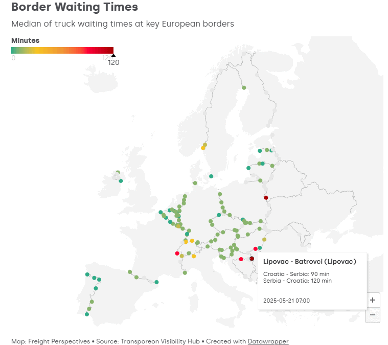 Transporeon zeigt Live-Wartezeiten für Lkw an EU-Grenzen